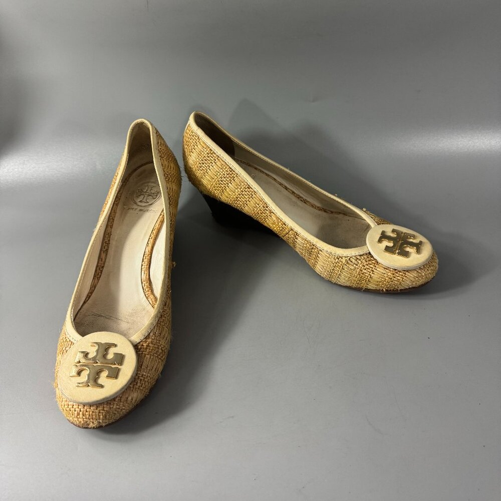 TORY BURCH Tory Burch Beige White Jute Leather Wedge Pumps, Women’s SZ 9 - Picture 3 of 16
